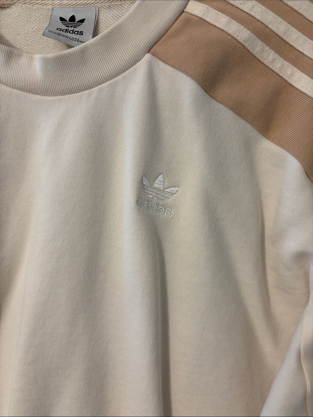 adidas Cream & Tan Cropped Crewneck Sweatshirt with Stripes - Picture 2 of 9